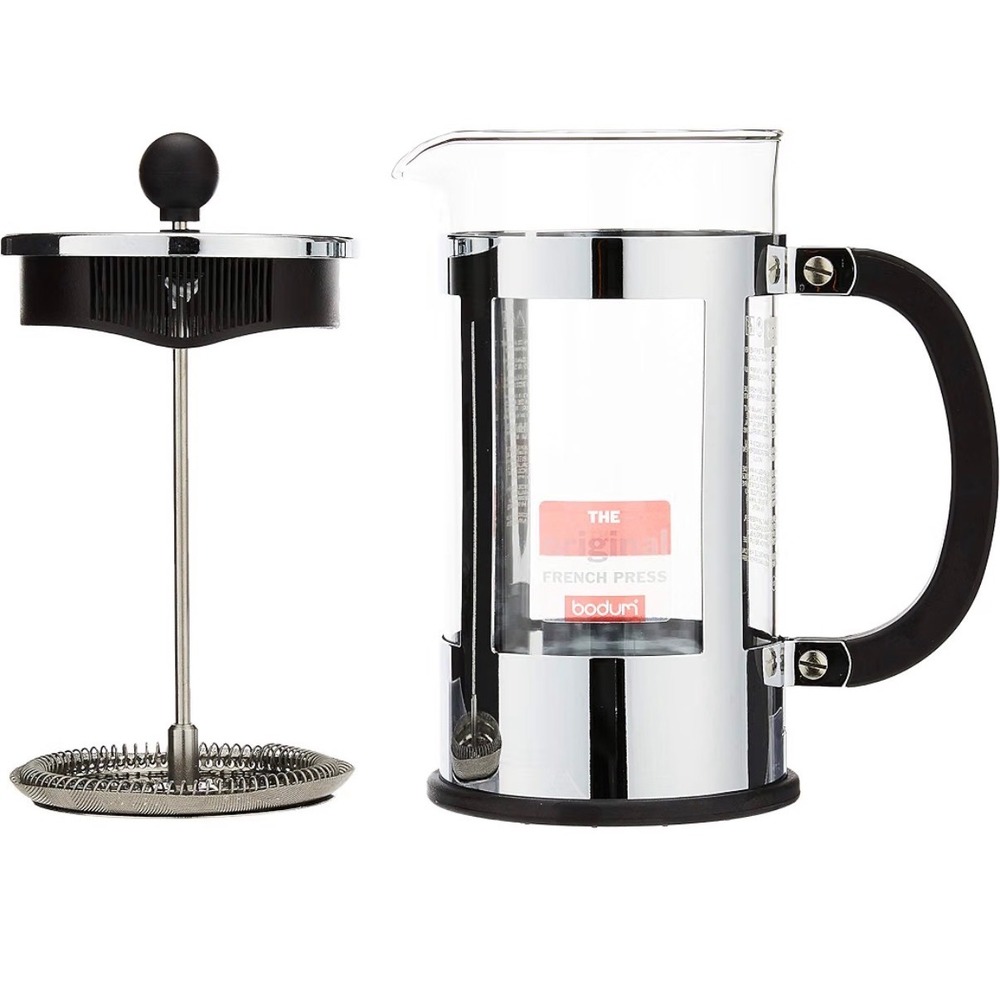 Bodum French Press Coffee Maker Chrome Glass Manual Brewer with Scoop Silver